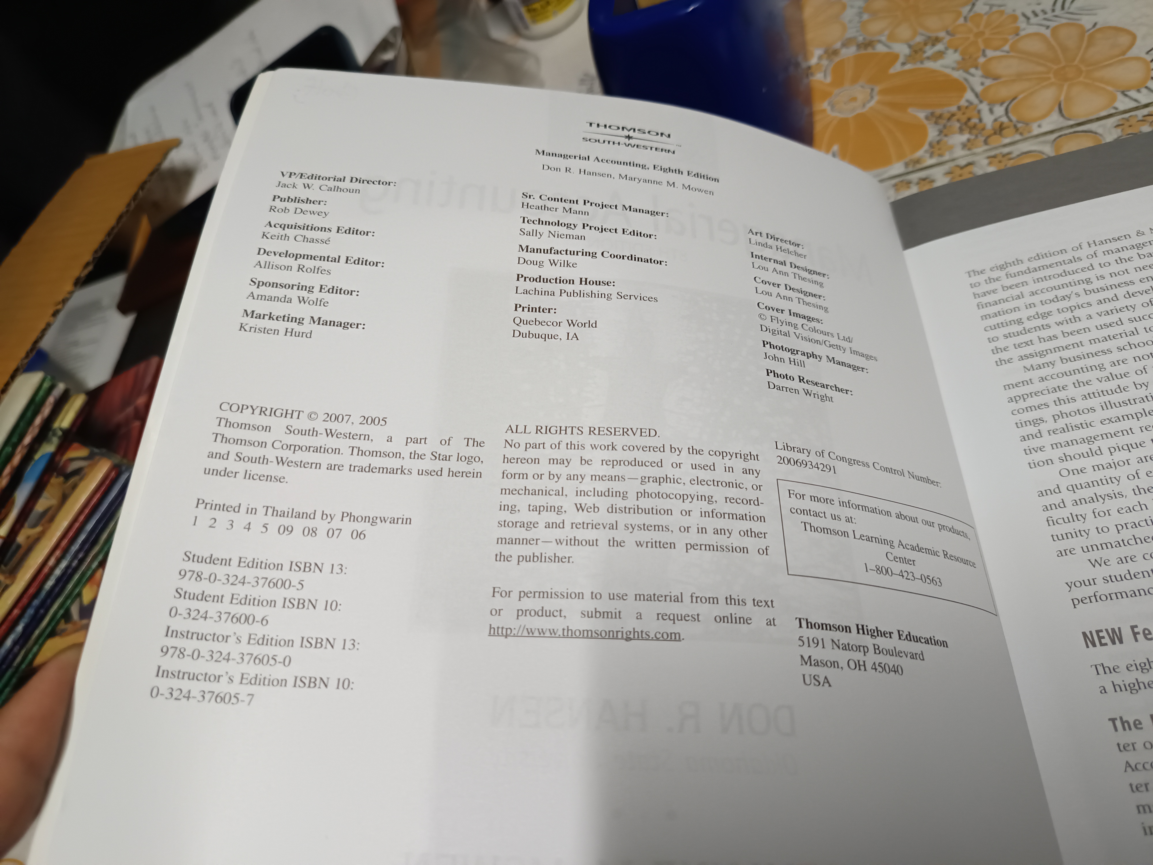 Managerial Accounting , Hansen / Mowen 8th edition MANAGERIAL ACCOUNTING (ISE) Ramkhamhaeng university edition