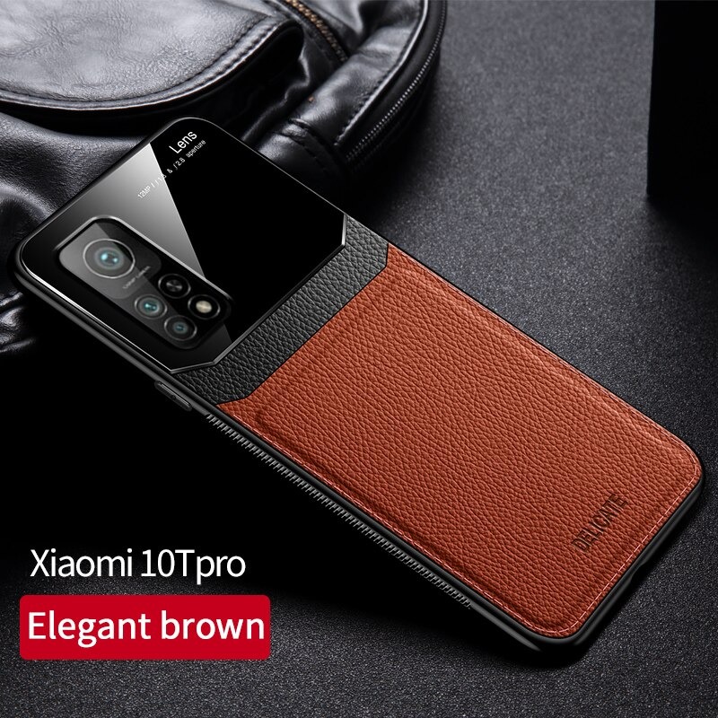 Case Xiaomi Mi 10T Pro #เคสฝาหลังไฮบริด PU +TPU + glass สีทูโทน Shockproof Leather Mirror Glass Silicone Phone Back Cover