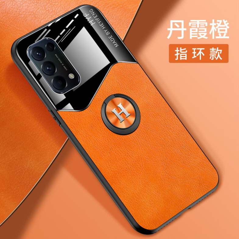 เคส OPPO Reno 5 5G #เคสฝาหลังไฮบริด PU +TPU + glass สีทูโทนมีแหวนสวมนิ้ว Shockproof Leather Mirror Glass Silicone Phone Back Cover
