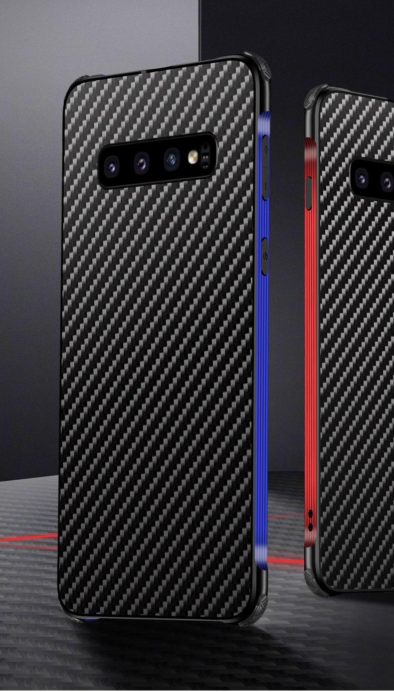 เคส Samsung Galaxy S10 ขอบกันชนอลูมิเนียมอัลลอยด์ชุบ + #เคสฝาหลังพลาสติกลายคาร์บอนไฟเบอร์ Electroplated Aluminum Alloy Bumper + Carbon Fiber PC Back Panel Slide-on