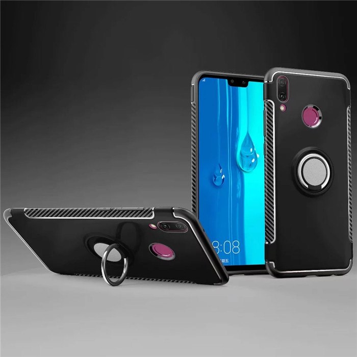 เคส Huawei Y9 (2019) #เคสฝาหลังขอบ Carbon Fiber Texture TPU มีแหวนสวมนิ้ว