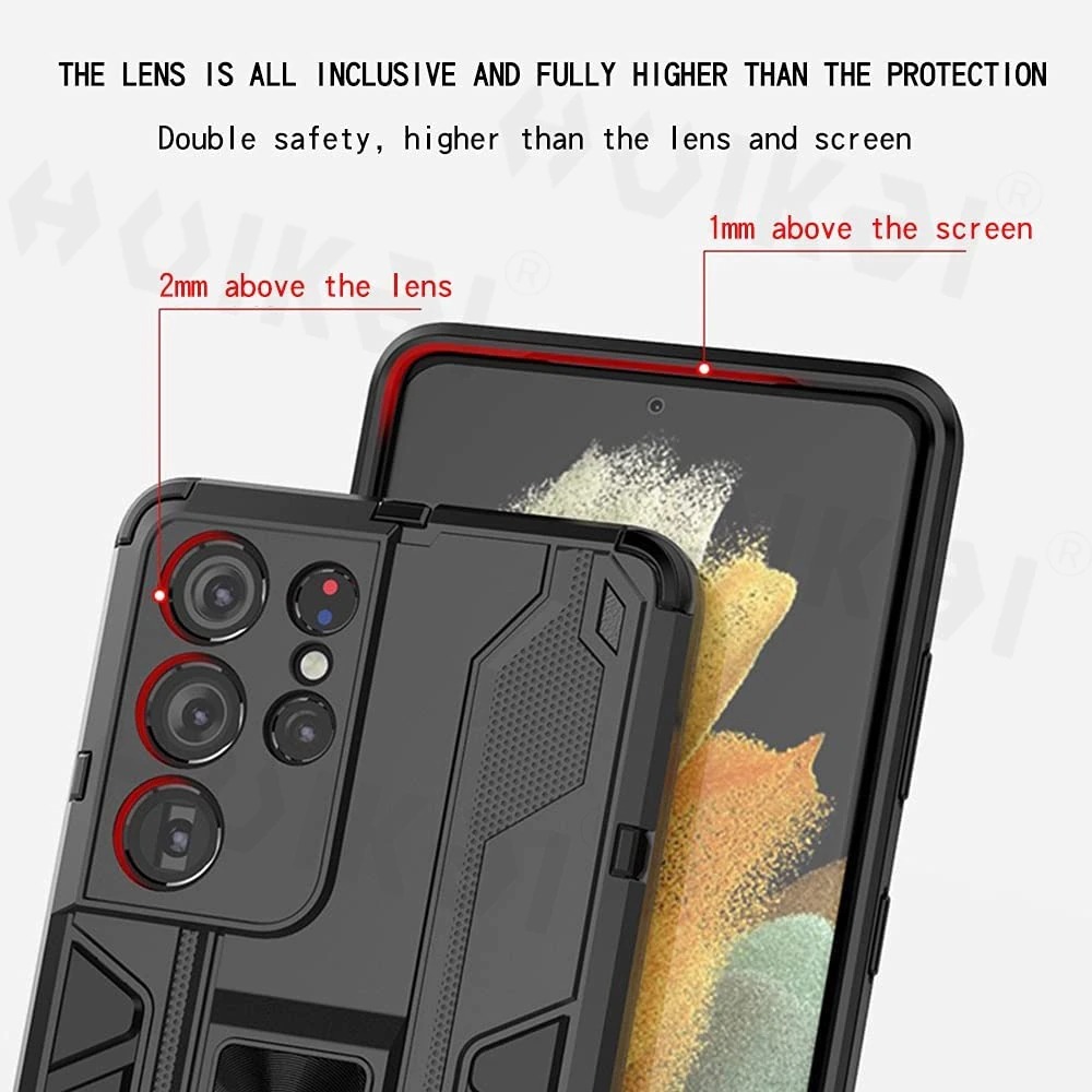 เคส Samsung Galaxy S22 Ultra 5G #เคสฝาหลังพลาสติก ไฮบริด TPU + Kickstand Case Armor Stlye TPU Soft Rubber