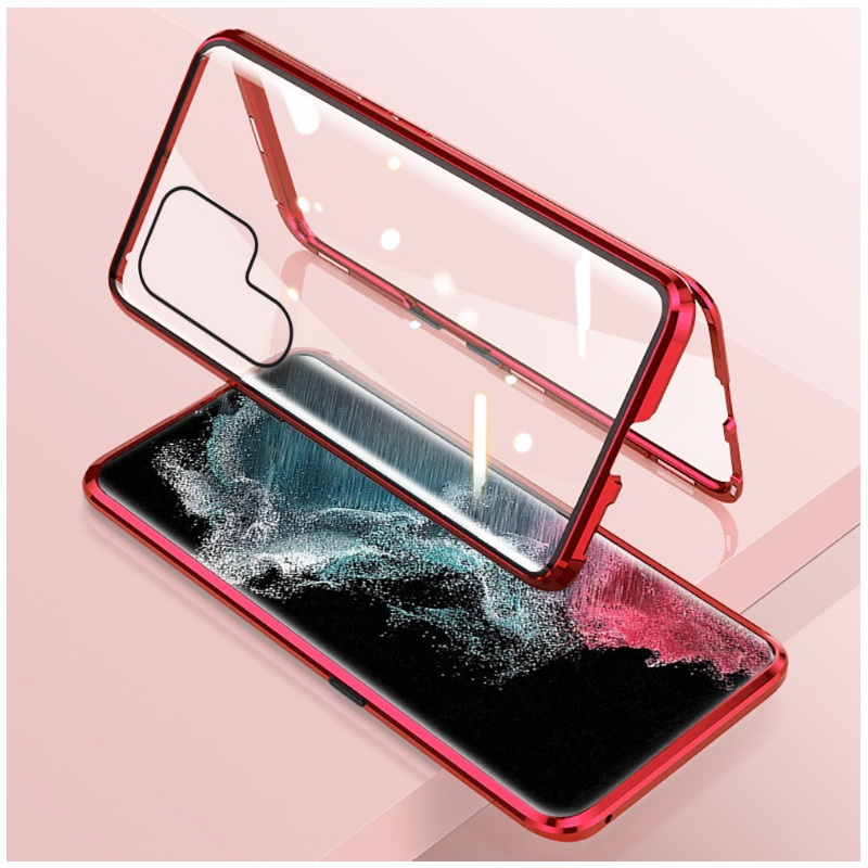 Case Samsung Galaxy S23 Ultra 5G #เคสฝาครอบกระจกประกบหน้าหลังขอบโลหะดูดซับแม่เหล็ก Fully Protection Magnetic Adsorption Glass Metal Phone Protective