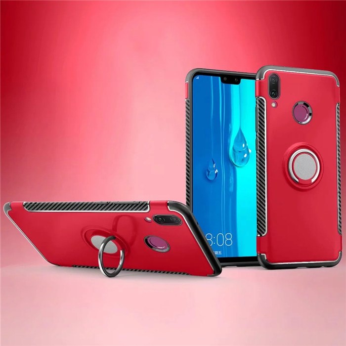 เคส Huawei Y9 (2019) #เคสฝาหลังขอบ Carbon Fiber Texture TPU มีแหวนสวมนิ้ว