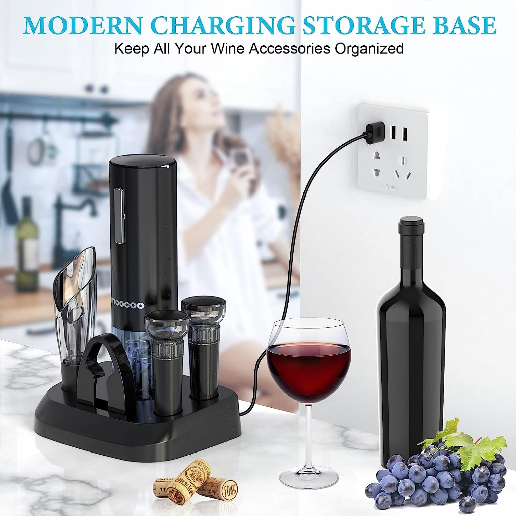 Moocoo® Electric Wine Set Open, Serve & Preserve ชุดที่เปิดขวดไวน์ไฟฟ้าพร้อมฐานชาร์จ ที่เปิดไวน์