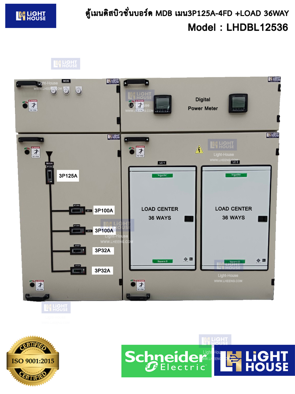 ตู้เมนดิสบิวชั่นบอร์ด MDB เมน3P125A-4FD +LOAD 36WAY (พร้อม Digital power meter)