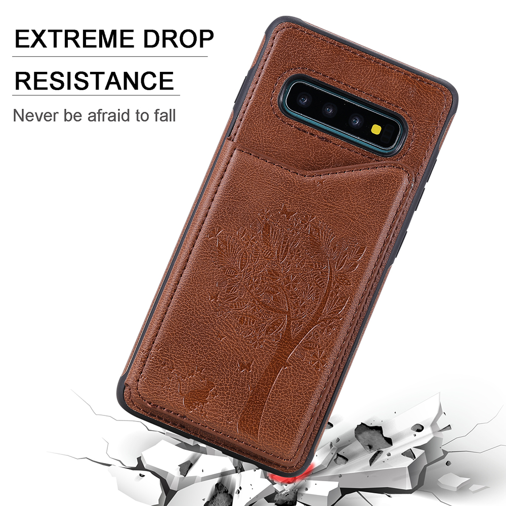 Case Samsung Galaxy S10 Plus #เคสฝาหลังไฮบริดผิวเคลือบหนัง PU พร้อมช่องเสียบการ์ดลายแมวและต้นไม้