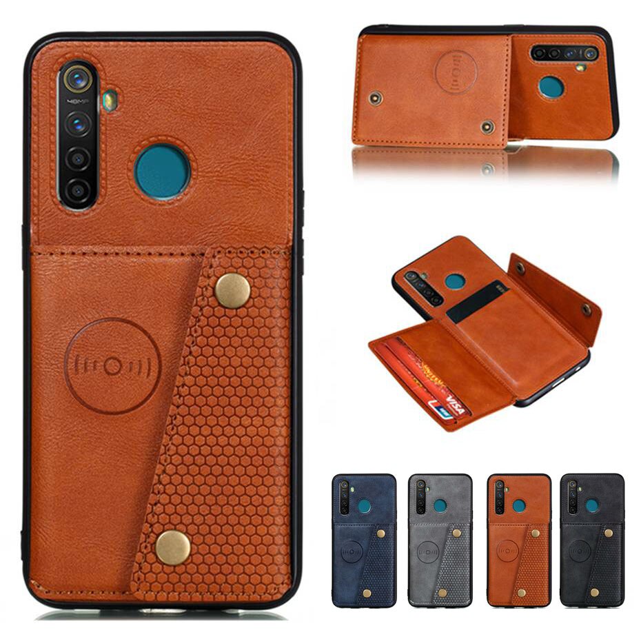 Case Realme 5 Pro #เคสฝาหลัง TPU เคลือบหนัง PU มีที่เก็บบัตร PU Leather Coated TPU Card Holder Magnetic Kickstand
