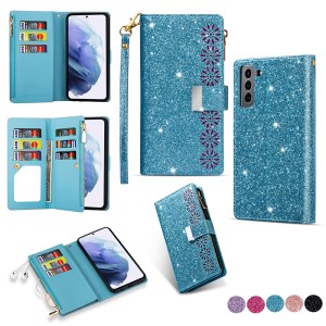 เคส Samsung Galaxy S21 #เคสฝาพับแบบกระเป๋าสตางค์ช่องใส่บัตรหลายช่อง Bling Glitter Case Multi-slot Wallet Zippered Leather พร้อมสายคล้อง