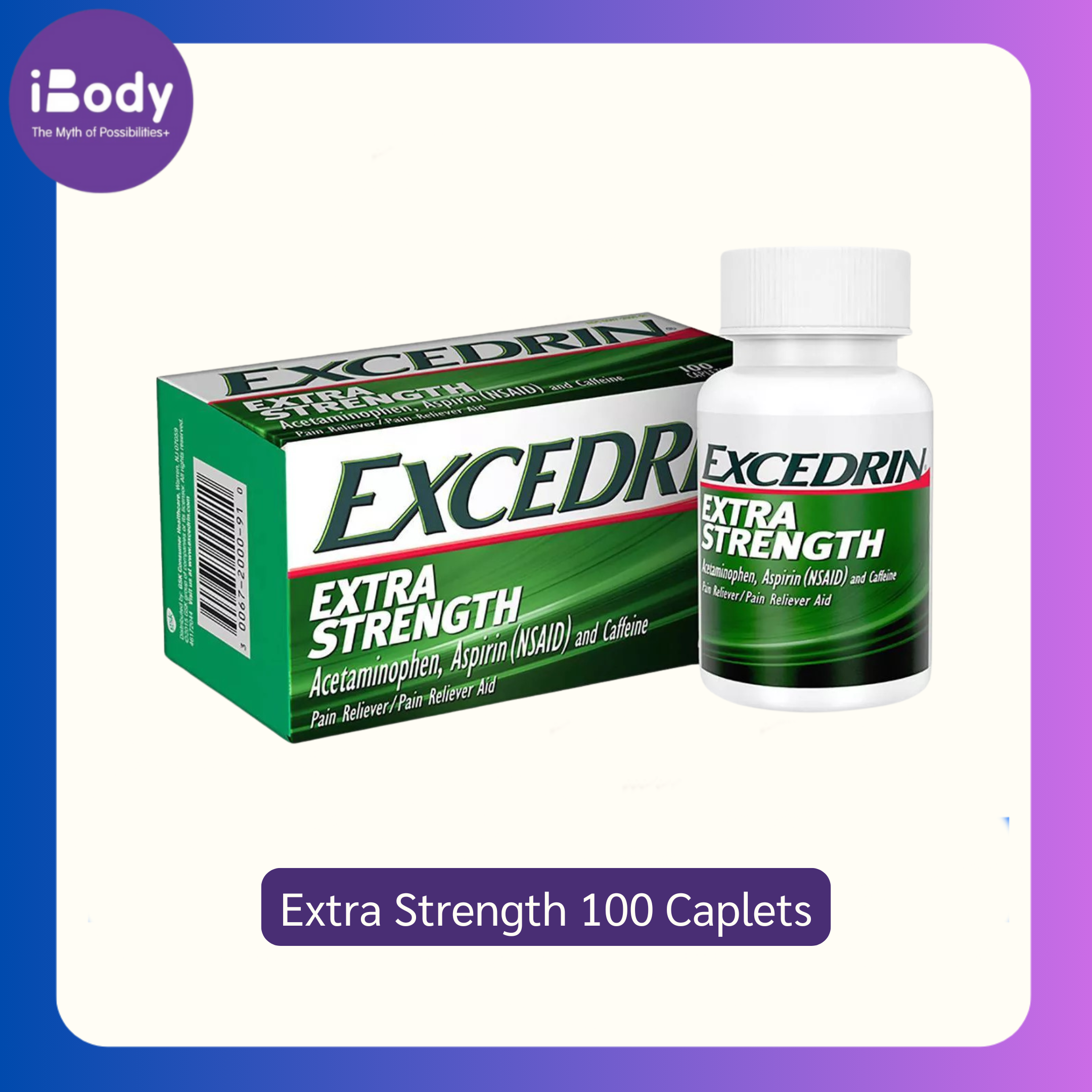 Excedrin® Extra Strength 24 or 100 Caplets สีเขียว Headache relief starts in just 15 minutes