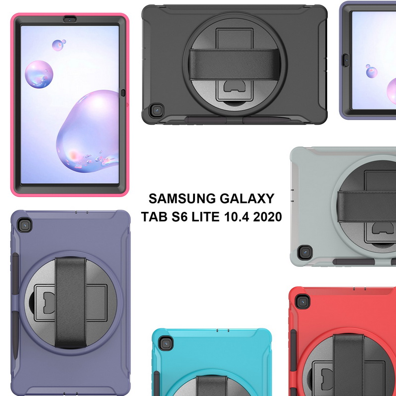 เคส Samsung Galaxy Tab S6 Lite 10.4" P615 P610 #เคสฝาหลังพลาสติกมีขาตั้งหมุนได้ 360° Swivel Kickstand PC + TPU Tablet Combo Shell with Hand Strap มีสายรัดมือ