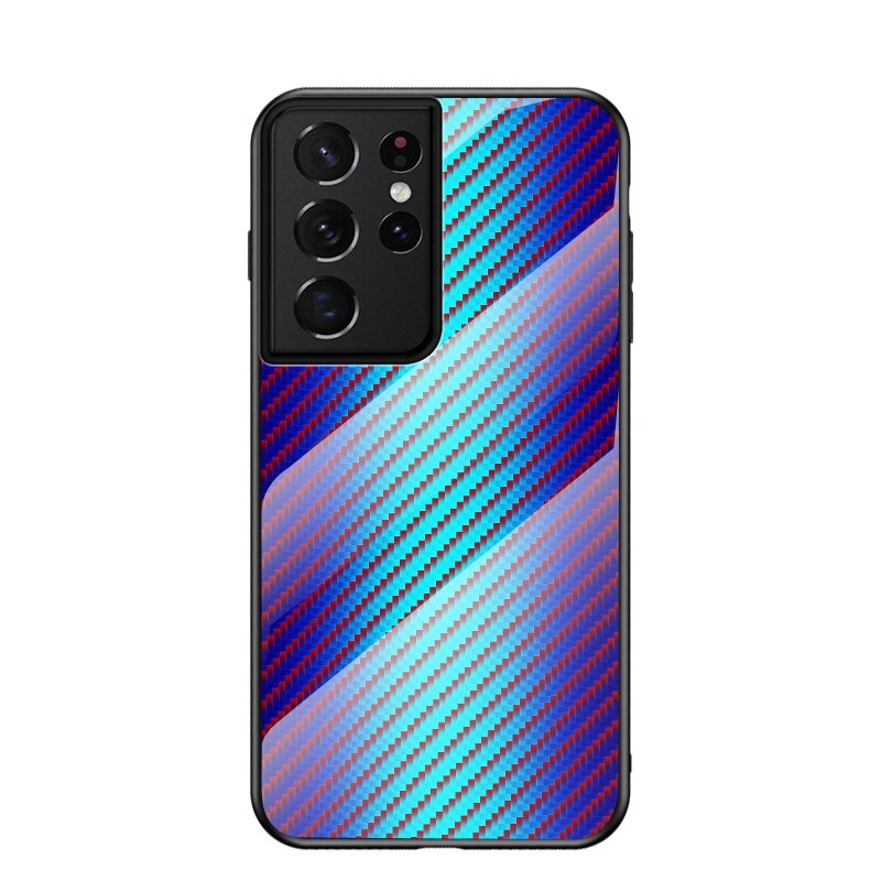 เคส Samsung Galaxy S21 Ultra #เคสฝาหลัง Gradient Color ลายคาร์บอนไฟเบอร์ Carbon fiber texture Glass Hybrid Soft Silicone Cover