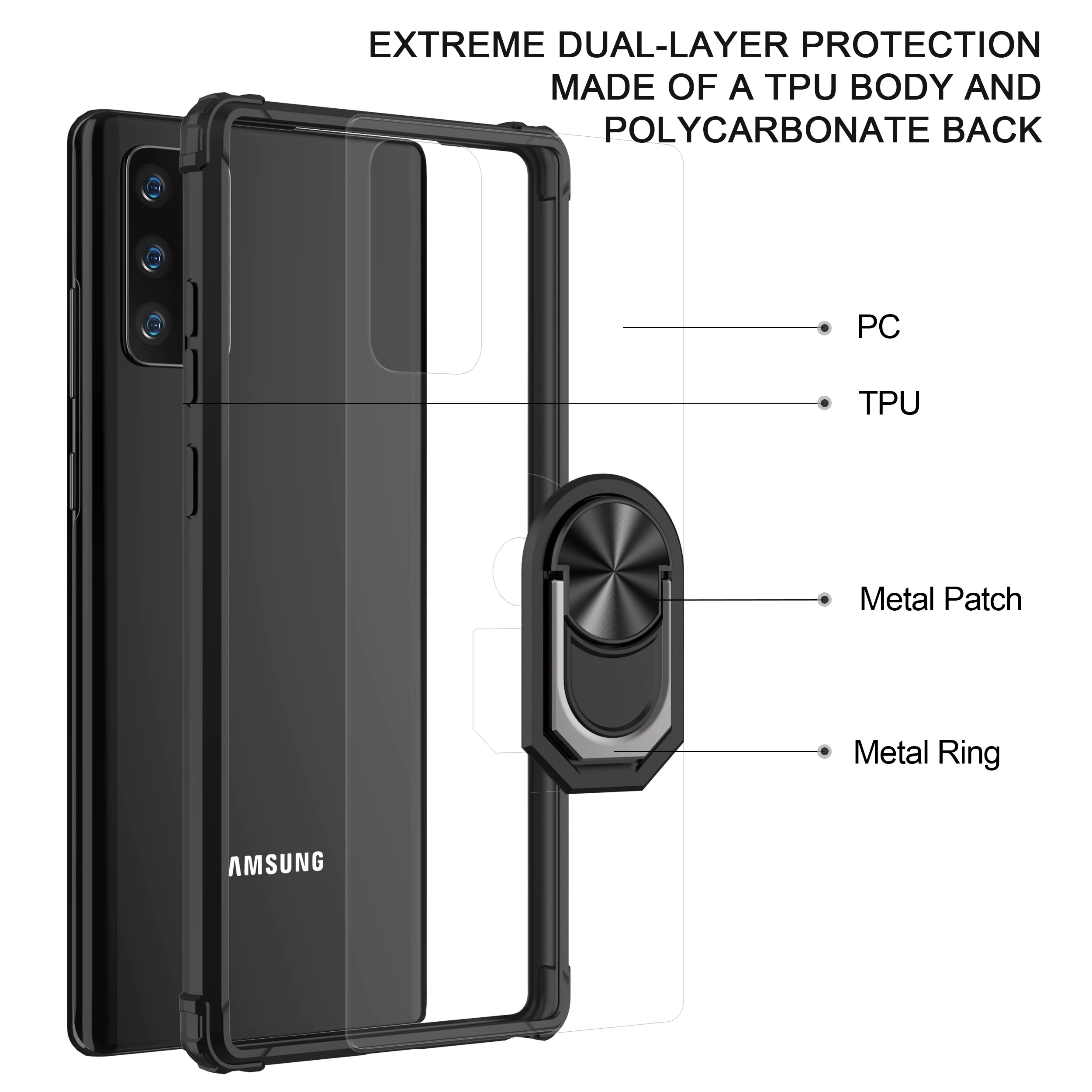 Case Samsung Galaxy Note 20 / Note 20 5G #เคสฝาหลังใสขอบทึบ +TPU Hybrid Case มีแหวนสวมนิ้วโลหะ