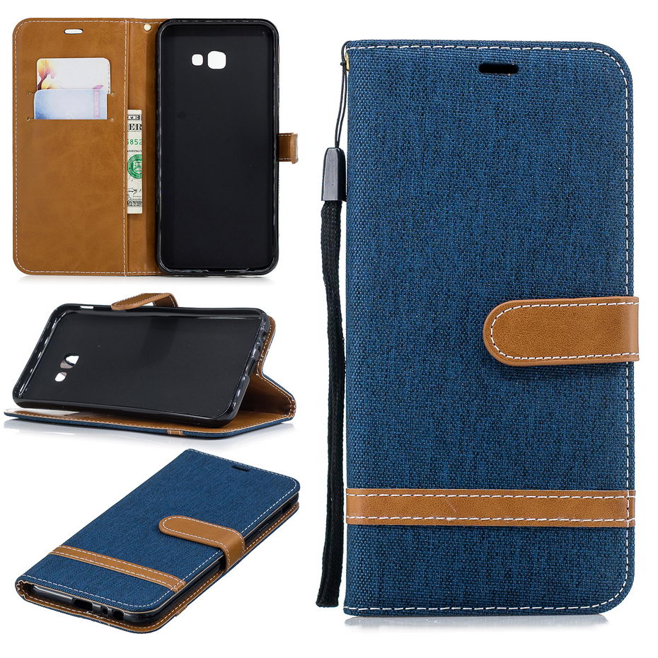 Case Samsung Galaxy J4+ #เคสฝาพับหนัง PU พร้อมสายคล้องมือ สีสันสดใส Splicing Jean Cloth PU Leather