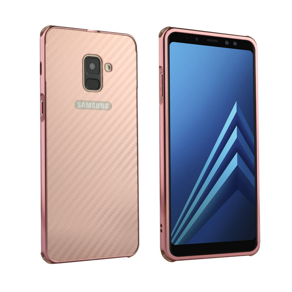 เคส Samsung Galaxy A8+ (2018) #เคสกรอบโลหะแบบ Electroplated + ฝาหลังพลาสติก พื้นผิวคาร์บอนไฟเบอร์เลื่อยสไลด์