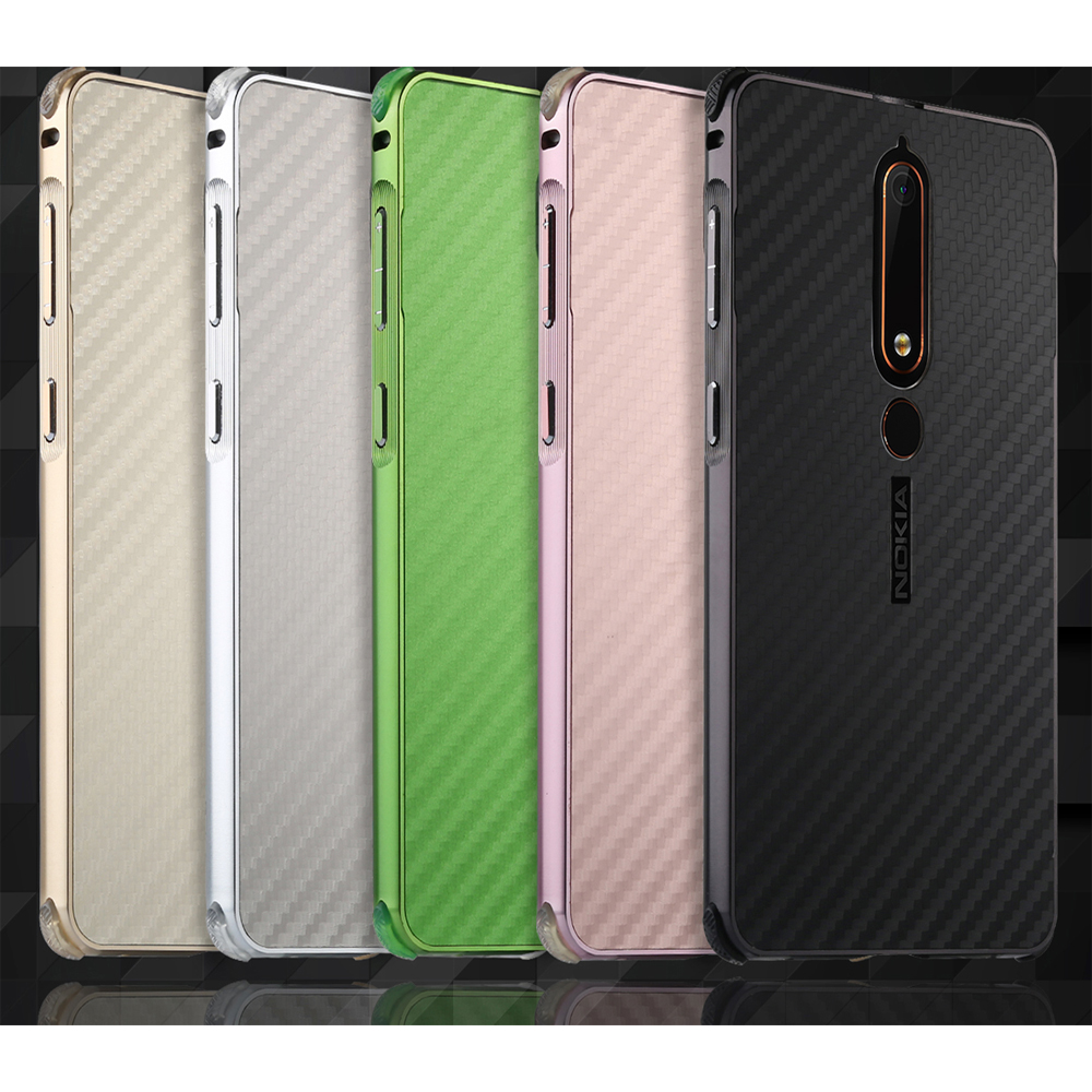 เคส Nokia 6.1 2018 (5.5 นิ้ว) #เคสฝาหลังขอบกันชนโลหะ Electroplated + Carbon Panel แผ่นหลังพลาสติกเลื่อนสไลด์
