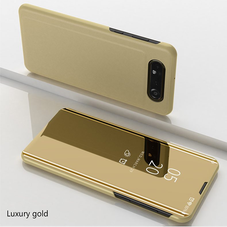 Case Samsung Galaxy A80 #เคสฝาพับปกโปร่งแสงผิวเงา View Window Plated Mirror Surface Leather