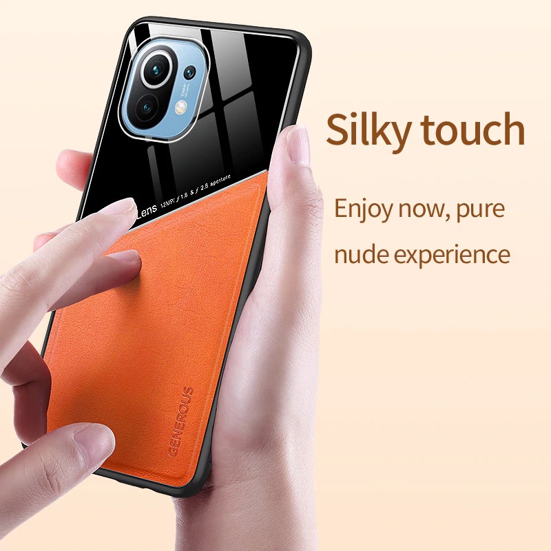 เคส Xiaomi Mi 11 #เคสฝาหลังไฮบริด PU +TPU + glass สีทูโทน Shockproof Leather Mirror Glass Silicone Phone Back Cover