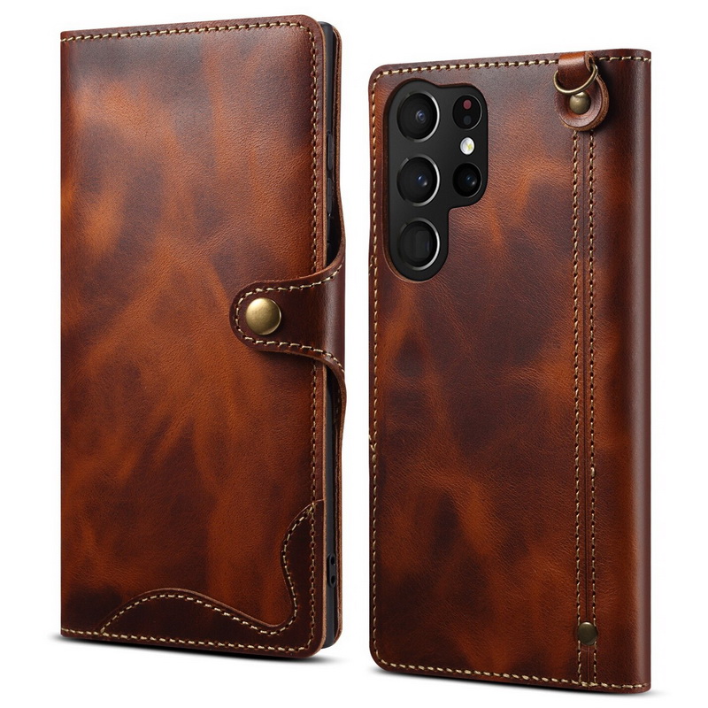 Case Samsung Galaxy S23 Ultra 5G#เคสฝาพับหนังแท้พร้อมสายคล้อง Genuine Wallet Leather Phone Cover with Lanyard