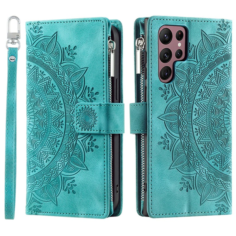 เคส Samsung Galaxy S22+ 5G #เคสฝาพับหนัง PU ลายดอกไม้มีช่องซิป Zipper Wallet Luxury Phone Bag Case
