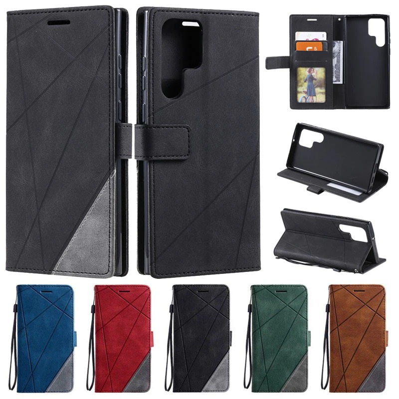 Case Samsung Galaxy S23 Ultra 5G#เคสฝาพับหนัง PU มีช่องเสียบบัตรอื่นๆในตัว Geometric Pattern Leather Card Holder Protective