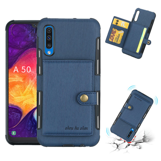 เคส Samsung Galaxy A50 / A50s / A30s #เคสฝาหลังพลาสติกเคลือบหนัง PU มีช่องใส่การ์ดพับได้ Brushed Card Slots PU Leather Coated Hard PC Casing