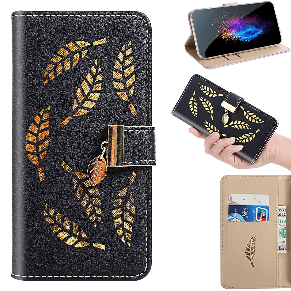 Case Samsung Galaxy A80 #เคสฝาพับแบบกระเป๋าสตางค์หนัง PU ลายใบไม้สีทอง