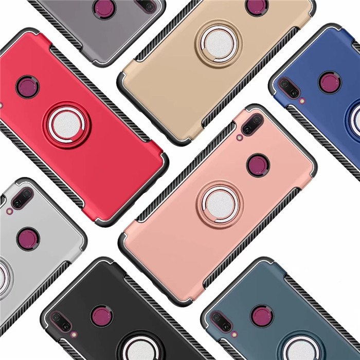 เคส Huawei Y9 (2019) #เคสฝาหลังขอบ Carbon Fiber Texture TPU มีแหวนสวมนิ้ว