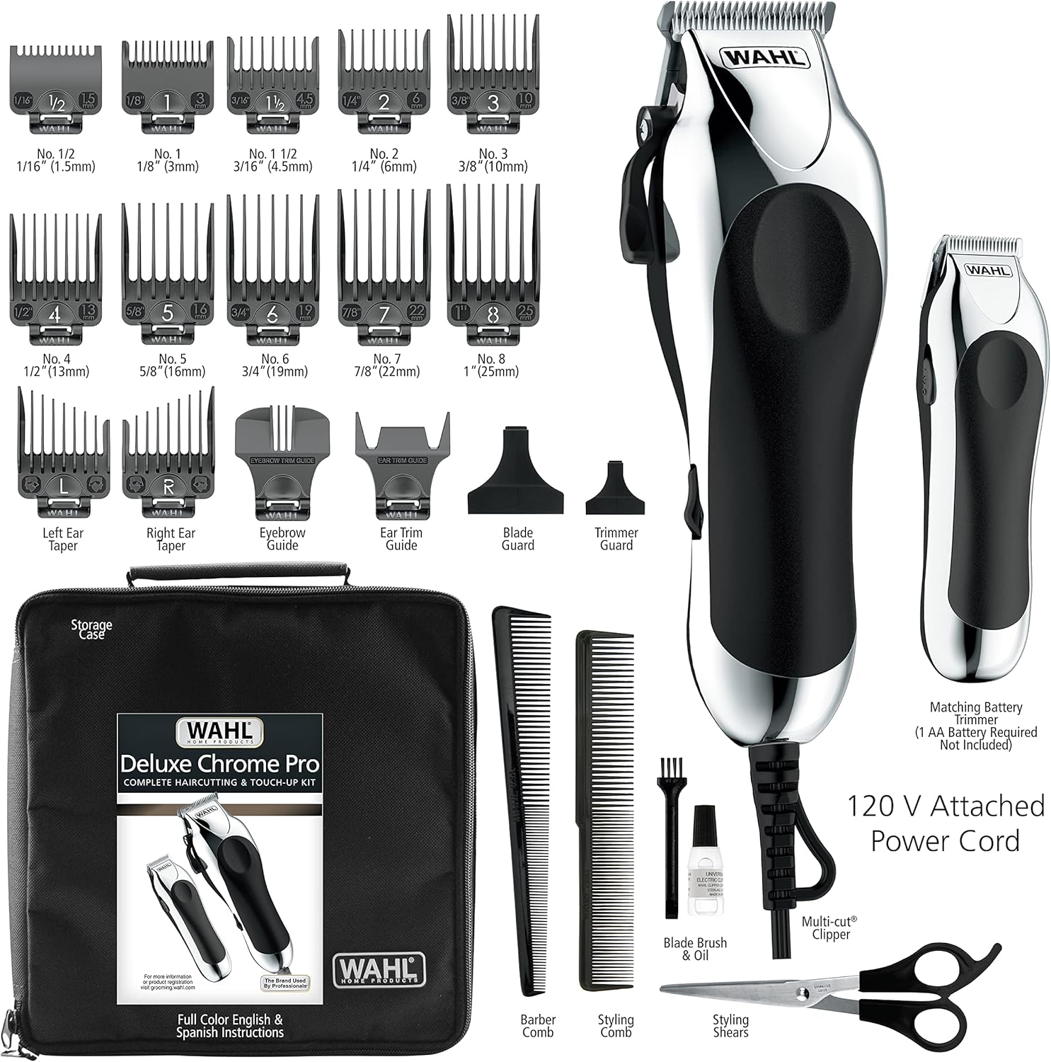 WAHL® Deluxe Chrome Pro Haircutting Kit with Trimmer รุ่น 79524-5201 ชุดปัตตาเลี่ยนตัดแต่งผม และที่กันจอน มีคุณภาพ