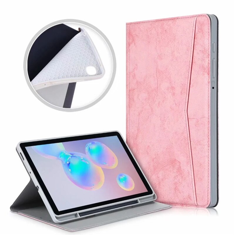 Case Samsung Galaxy Tab S6 Lite 10.4 SM-P610 P615 P617 #เคสฝาพับหนัง PU ลายผิวผ้ามีช่องใส่ปากกา with Pencil Holder Stand Business Card Slot Cover