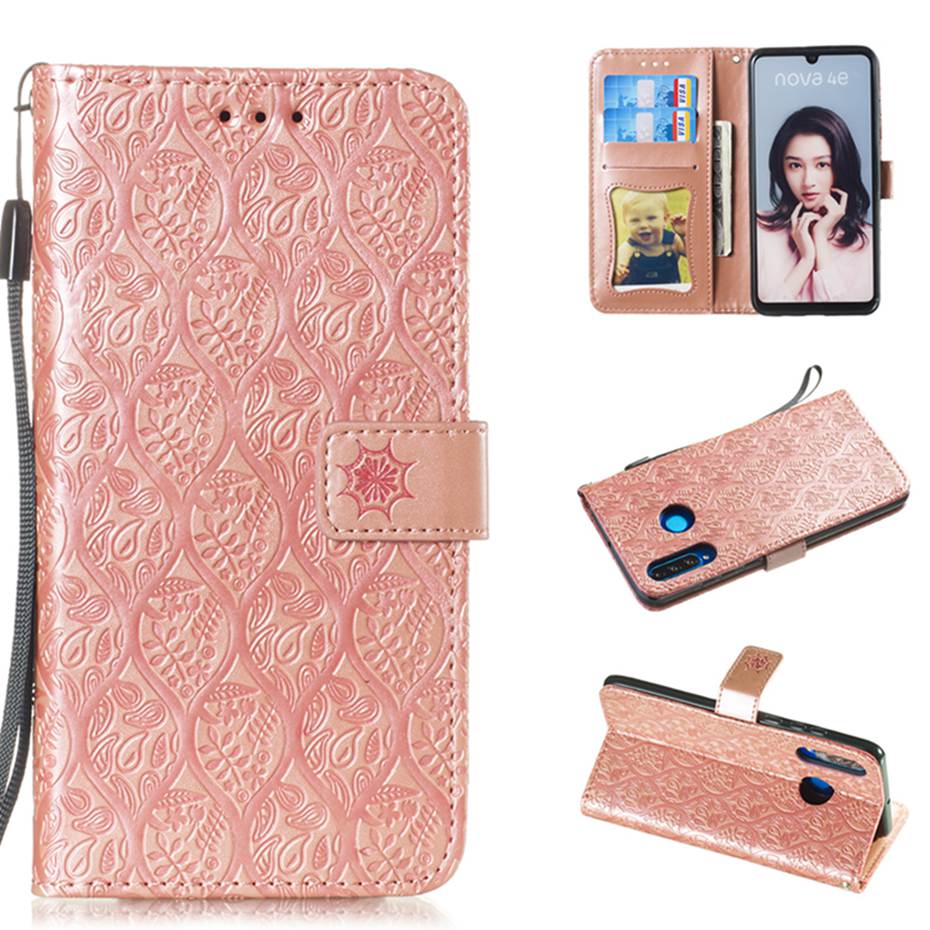 Case Huawei P30 Lite #เคสฝาพับหนัง PU Imprint Rattan Flower Pattern Wallet Flip Leather Phone Cover with Strap