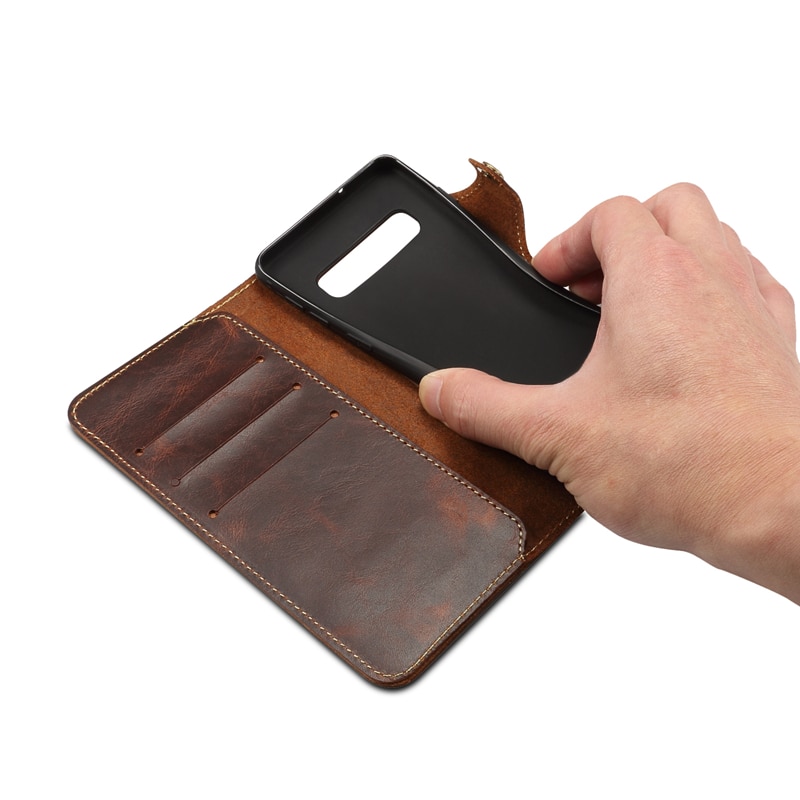 Case Samsung Galaxy S10+ #เคสฝาพับหนังแท้พร้อมสายคล้อง Genuine Wallet Leather Phone Cover with Lanyard