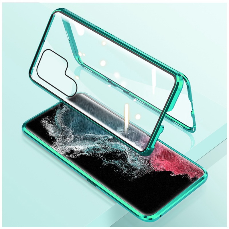 Case Samsung Galaxy S23 Ultra 5G #เคสฝาครอบกระจกประกบหน้าหลังขอบโลหะดูดซับแม่เหล็ก Fully Protection Magnetic Adsorption Glass Metal Phone Protective