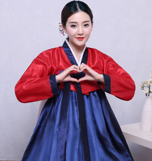 ชุดฮันบกเกาหลี ชุดประจำชาติเกาหลี (ชุดฮันบกสตรีเกาหลีสีแดงน้ำเงิน) 한국 전통 여성 궁궐 한복 한국 민족 의상 Korean Traditional Women's Palace Hanbok Korean National Dress (Red & Blue Colors)