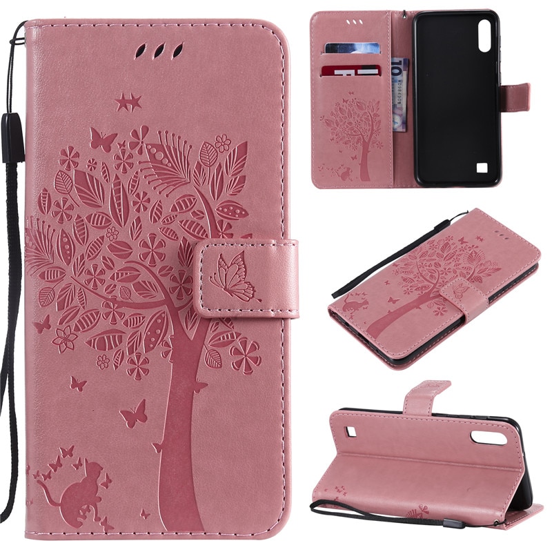 Case Samsung Galaxy A10 #เคสฝาพับหนัง PU พิมพ์ลาย Imprint Cat and Tree Pattern Leather Protection Cover