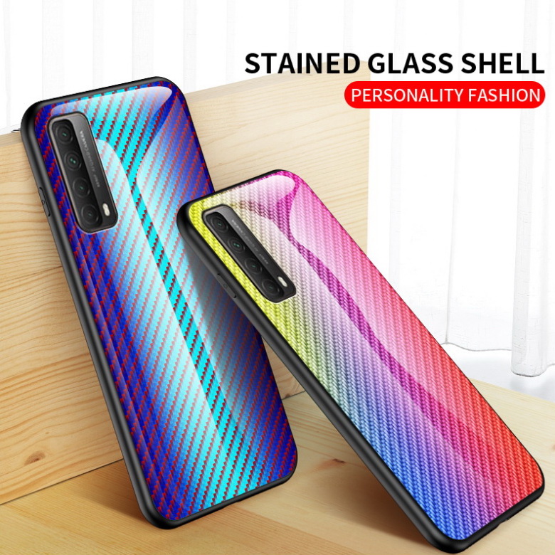 เคส Huawei Y7a #เคสฝาหลัง Gradient Color ลายคาร์บอนไฟเบอร์ Carbon fiber texture Glass Hybrid Soft Silicone Cover