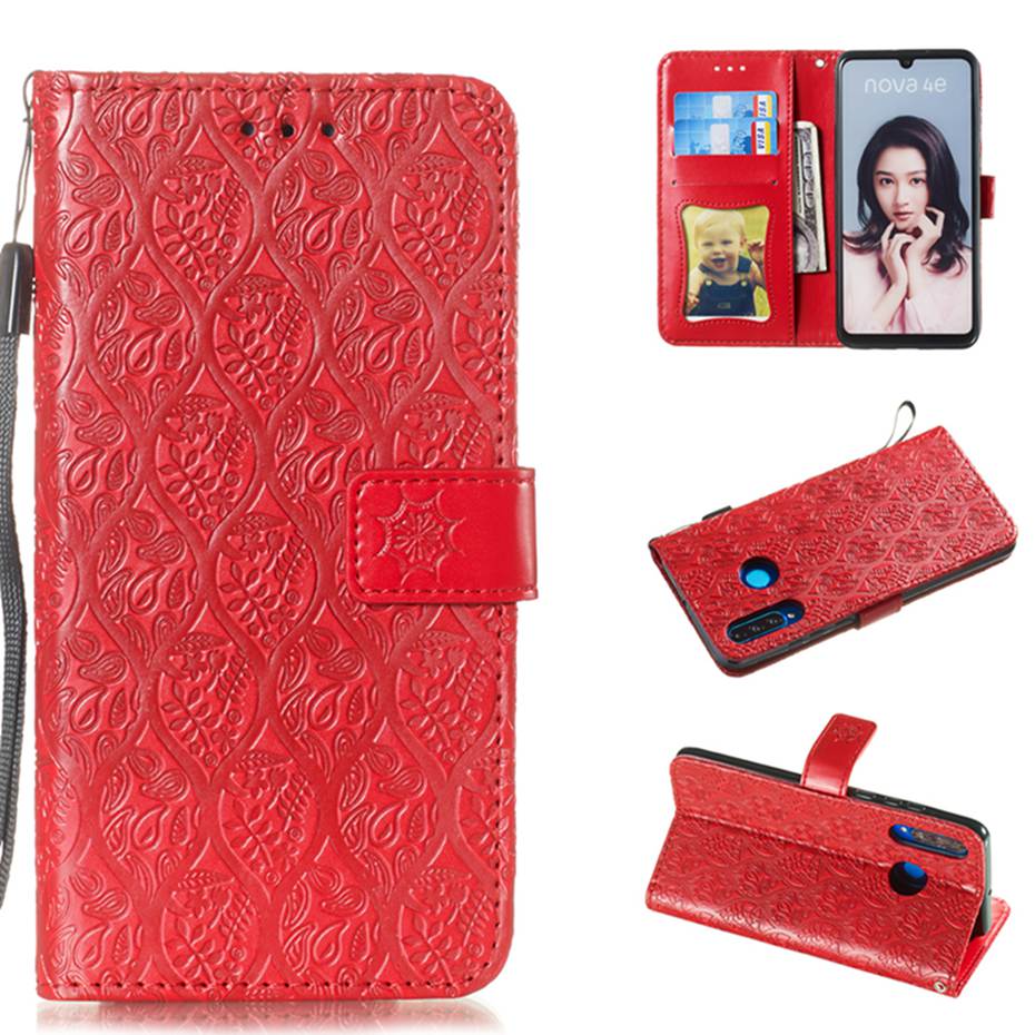 Case Huawei P30 Lite #เคสฝาพับหนัง PU Imprint Rattan Flower Pattern Wallet Flip Leather Phone Cover with Strap