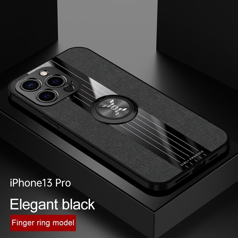 เคส iPhone 13 #เคสฝาหลังเคลือบผ้าเนื้อมีแหวนสวมนิ้ว TPU ไฮบริด+อะคริลิ + แหวนโลหะ [ในตัวแผ่นโลหะแม่เหล็ก]