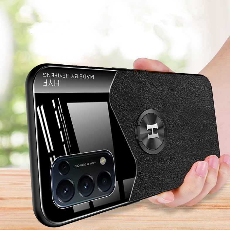 เคส OPPO Reno 5 5G #เคสฝาหลังไฮบริด PU +TPU + glass สีทูโทนมีแหวนสวมนิ้ว Shockproof Leather Mirror Glass Silicone Phone Back Cover