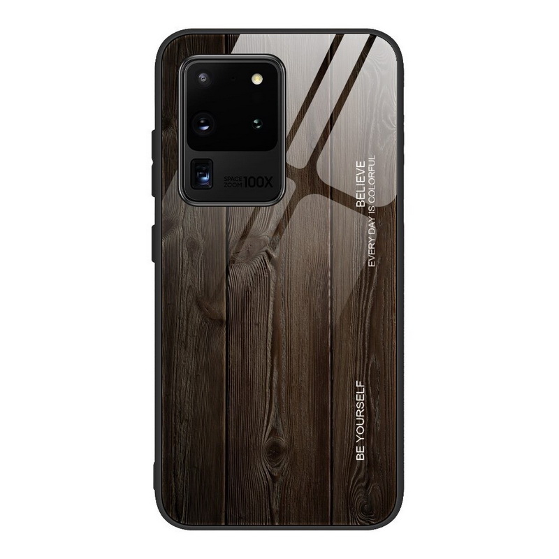Case Samsung Galaxy S20 Ultra / S20 Ultra 5G #เคสฝาหลังกระจกลายผิวไม้ Case Hard Tempered glass Wood grain protect Back Cover