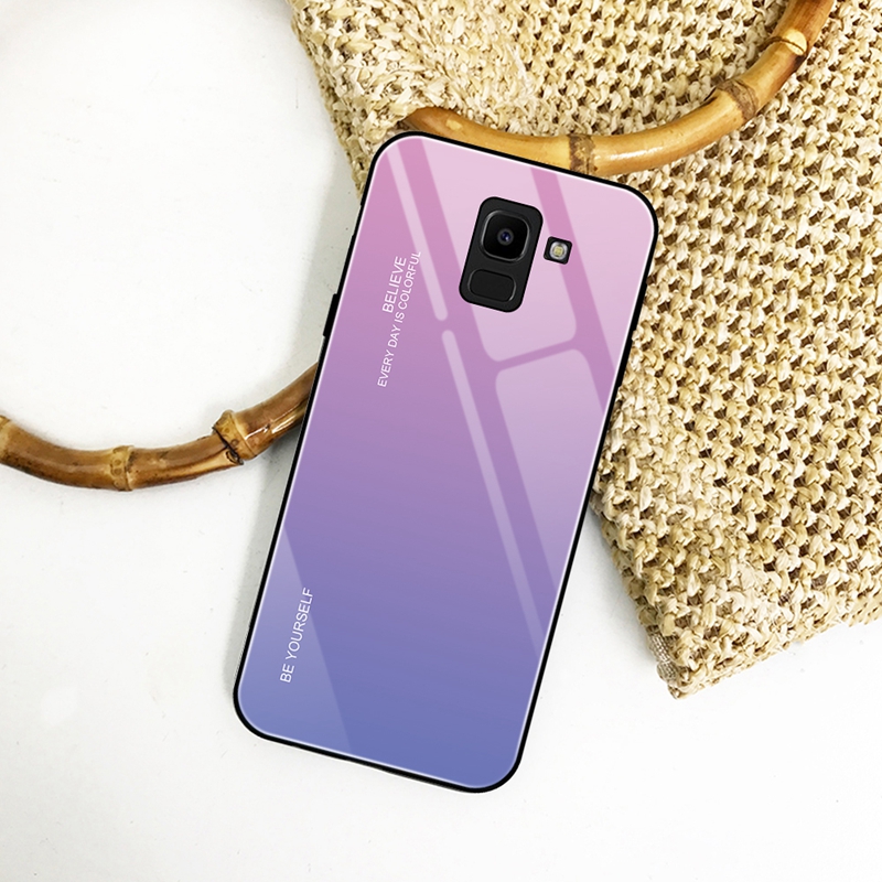 Case Samsung Galaxy A8+ (2018) #เคสฝาหลัง กระจกสีไล่โทนสี Glass + PC + TPU Hybrid Case