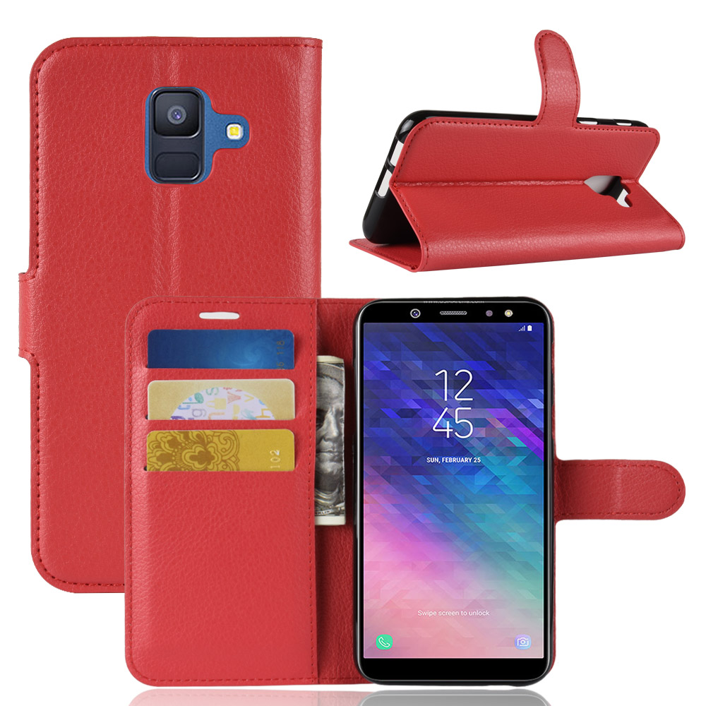 Case Samsung Galaxy A6 (2018) #เคสฝาพับสไตล์กระเป๋าสตางค์หนัง PU ผิวลิ้นจี่สีสันสวยงาม