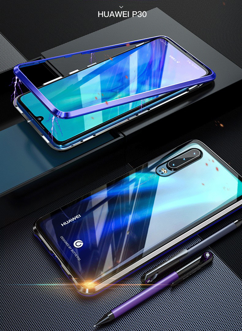 Case Huawei P30 #เคสแบบไฮบริดกรอบโลหะแม่เหล็กถอดได้ + แผ่นหลังกระจกนิรภัย Metal Frame + Tempered Glass