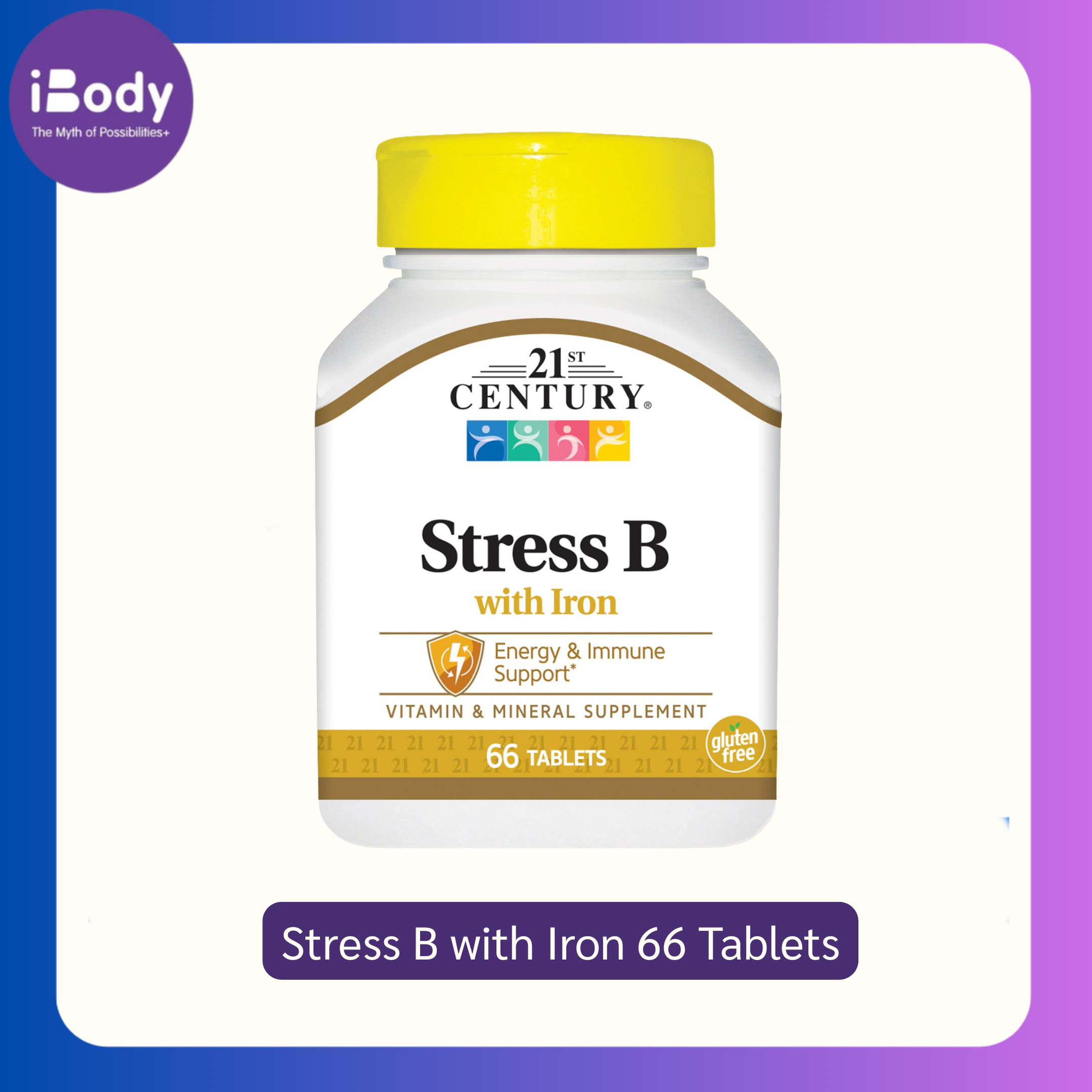Stress B with Iron 66 Tablets (21st Century®) วิตามินบี และธาตุเหล็ก ลดเครียด เสริมสร้างพลังงาน ลดคววามเหนื่อยล้า บำรุงรักษาและซ่อมแซมโครงสร้างเส้นประสาท