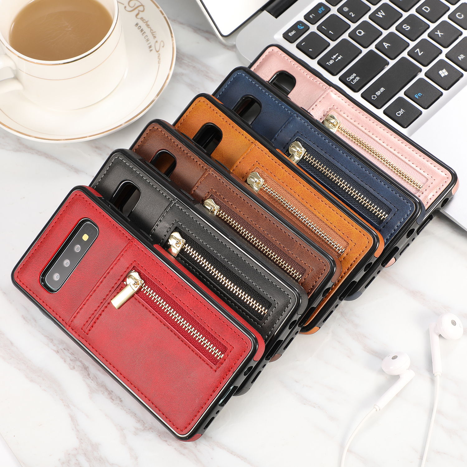 Case Samsung Galaxy S10 #เคสฝาหลังมีช่องใส่บัตรและช่องซิปหนัง PU + เคส TPU