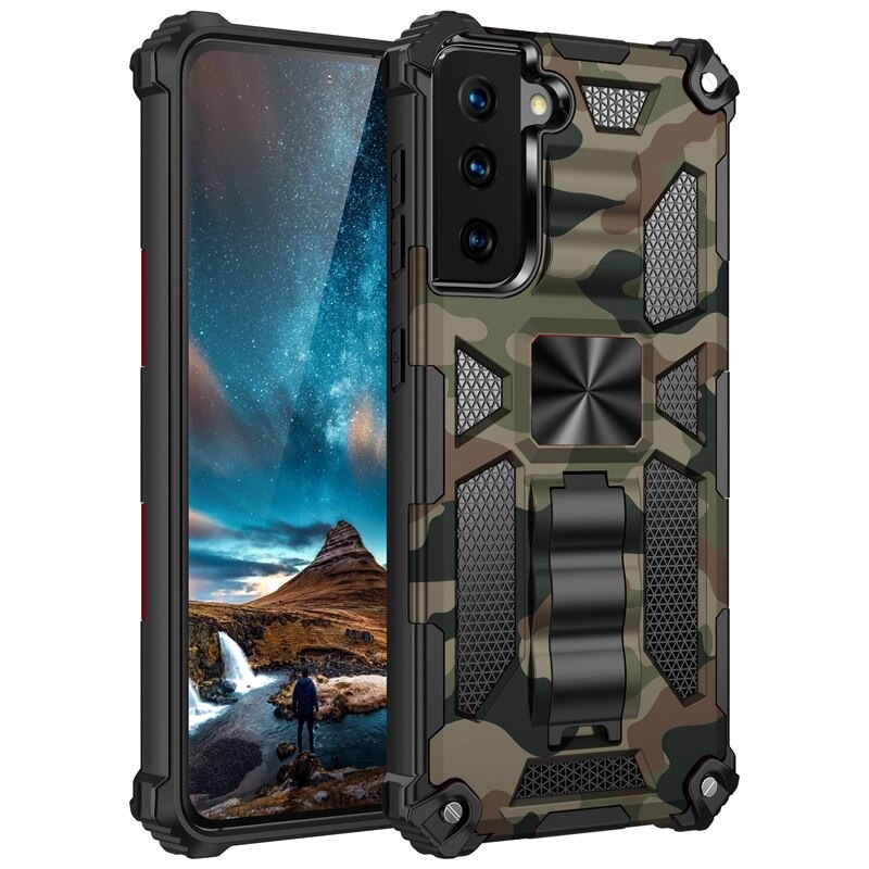 เคส Samsung Galaxy S21 #เคสแบบฝาหลัง ไฮบริด PC TPU + Kickstand ลายพราง Camouflage Design