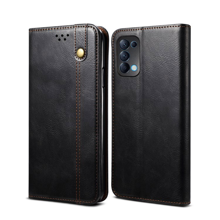 เคส OPPO Reno 5 Pro 5G #เคสแบบฝาพับหนัง PU ผิวหนังม้า Waxy Crazy Horse Texture TPU + PU Leather Case Cover - พร้อมส่ง สีดำ