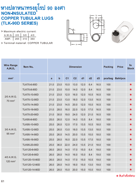 หางปลาหนาทรงยุโรป 90 องศา NON-INSULATED COPPER TUBULAR LUGS TLK-90D SERIES