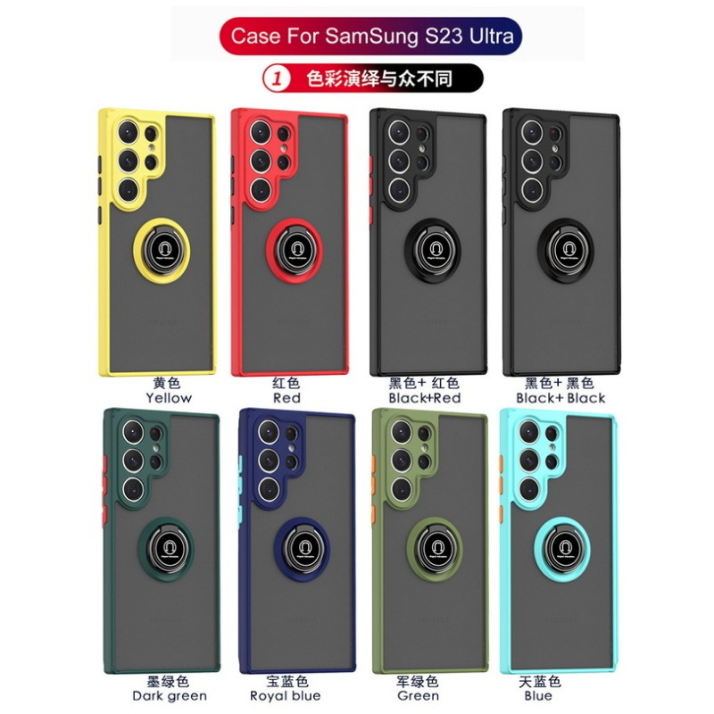 เคส Samsung Galaxy S23 Ultra 5G #เคสฝาหลังซิลิโคนแข็งโปร่งแสง ผิวด้านมีแหวนสวมนิ้ว Finger Ring Kickstand