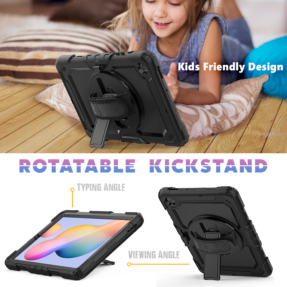 เคส Samsung Galaxy Tab S6 Lite 10.4 SM-P610 P615 P617 #เคสฝาหลังมีสายรัดสวมมือ มีสายคล้องไหล่ 3 Layer Silicon Plastic Stand cover with strap